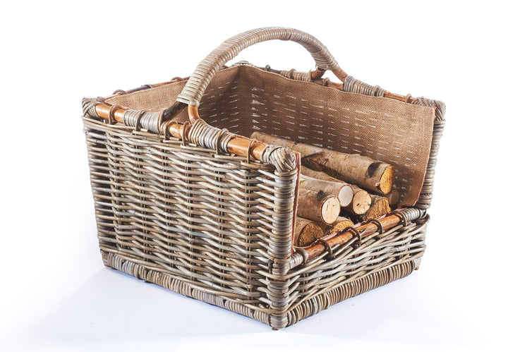Kobolo Holztrage Holzkorb für Kaminholz - Rattan grau mit abnehmbarem Jutestoff