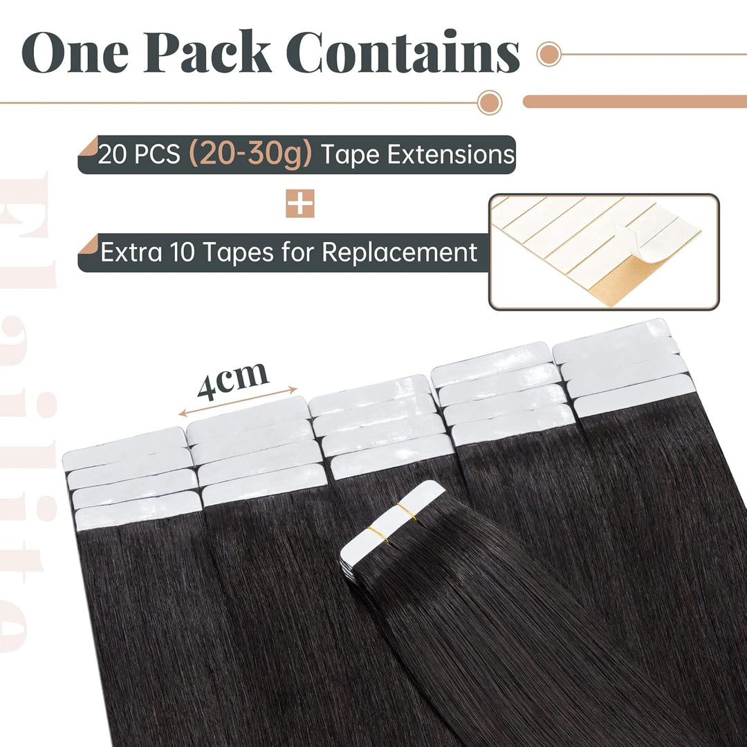 Elailite Echthaar Extensions Tape in 20 Stück #1B Naturschwarz, Real Human Hair 20g/set, 30cm Haarve