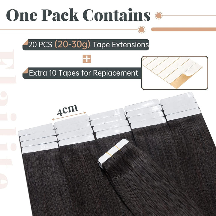 Elailite Echthaar Extensions Tape in #1B Naturschwarz 20 stück Invisible Kleber Haarverlängerung Kle