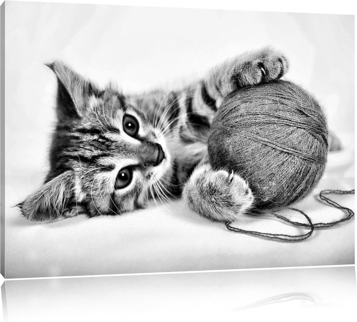 Pixxprint Kätzchen mit Wollknäuel / 100x70cm Leinwandbild bespannt auf Holzrahmen/Wandbild Kunstdruc
