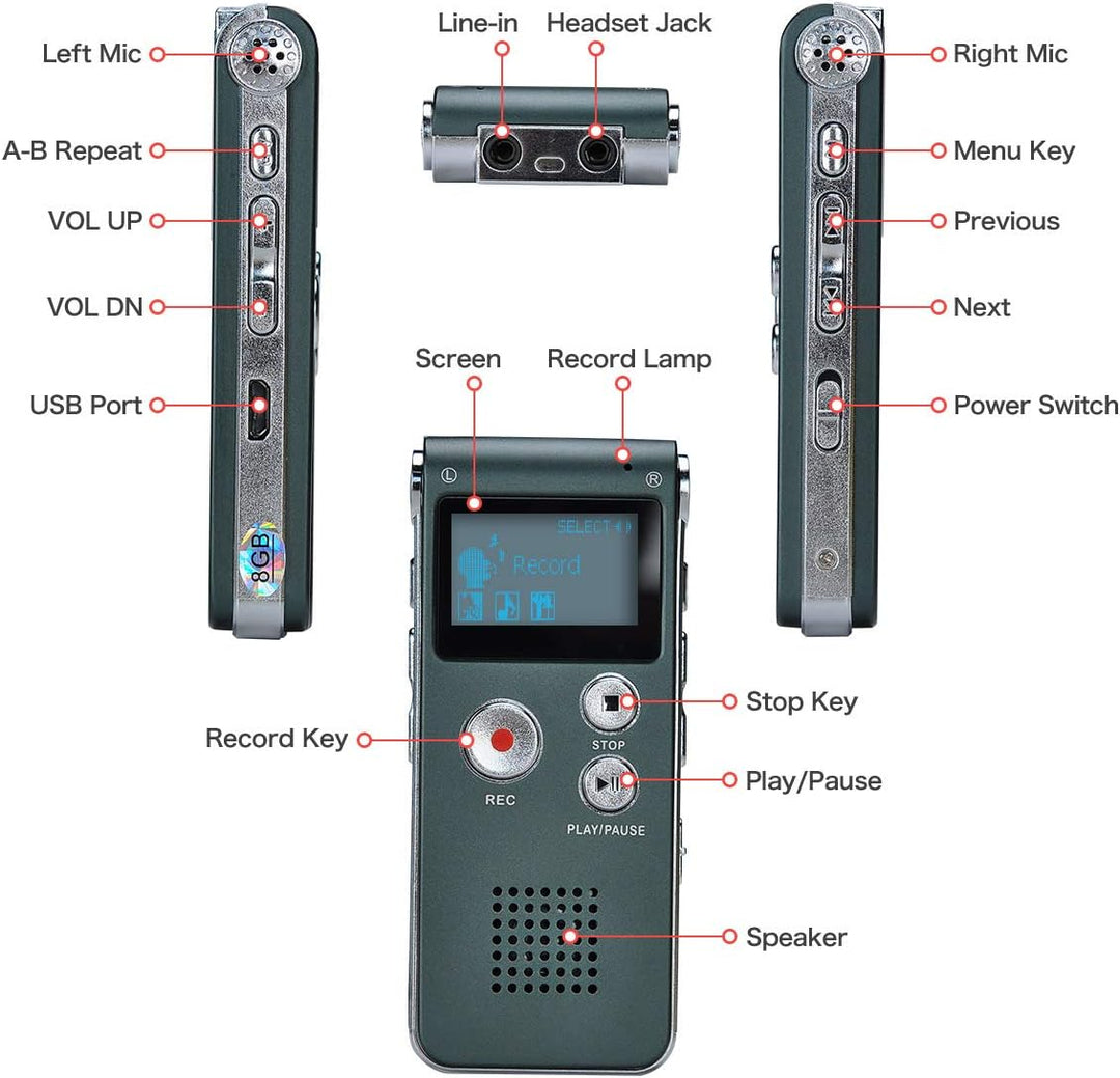 Digitales Diktiergerät,COVVY 8GB Audio Aufnahmegerät,Digitaler Voice Recorder mit Spracherkennung fü