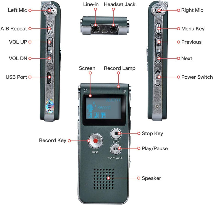 Digitales Diktiergerät,COVVY 8GB Audio Aufnahmegerät,Digitaler Voice Recorder mit Spracherkennung fü