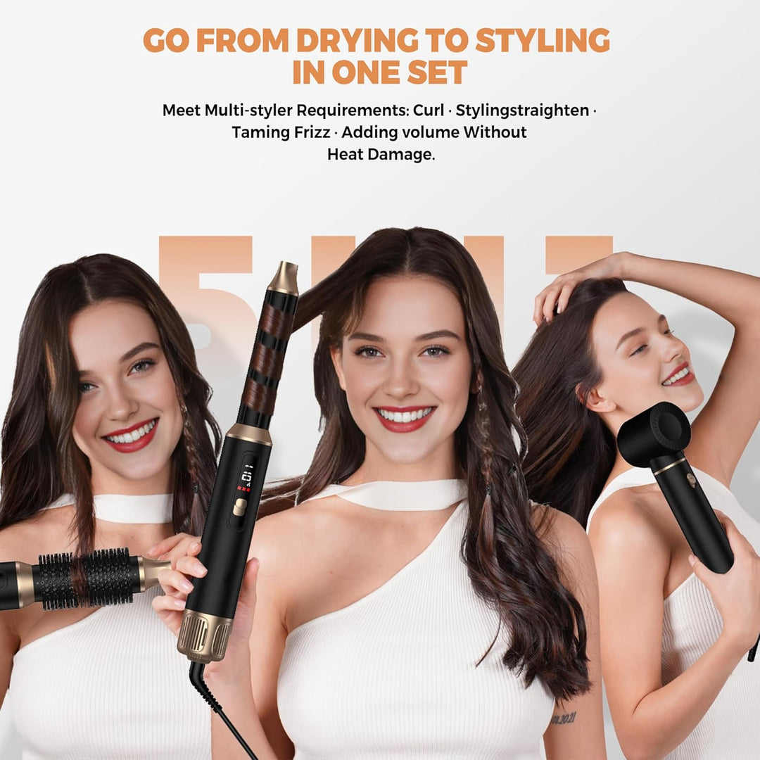 UKLISS 5 in 1 Haarstyler mit LCD-Display, Haartrockner & Hair Styler mit Hair Dryer, Rundbürstenföhn