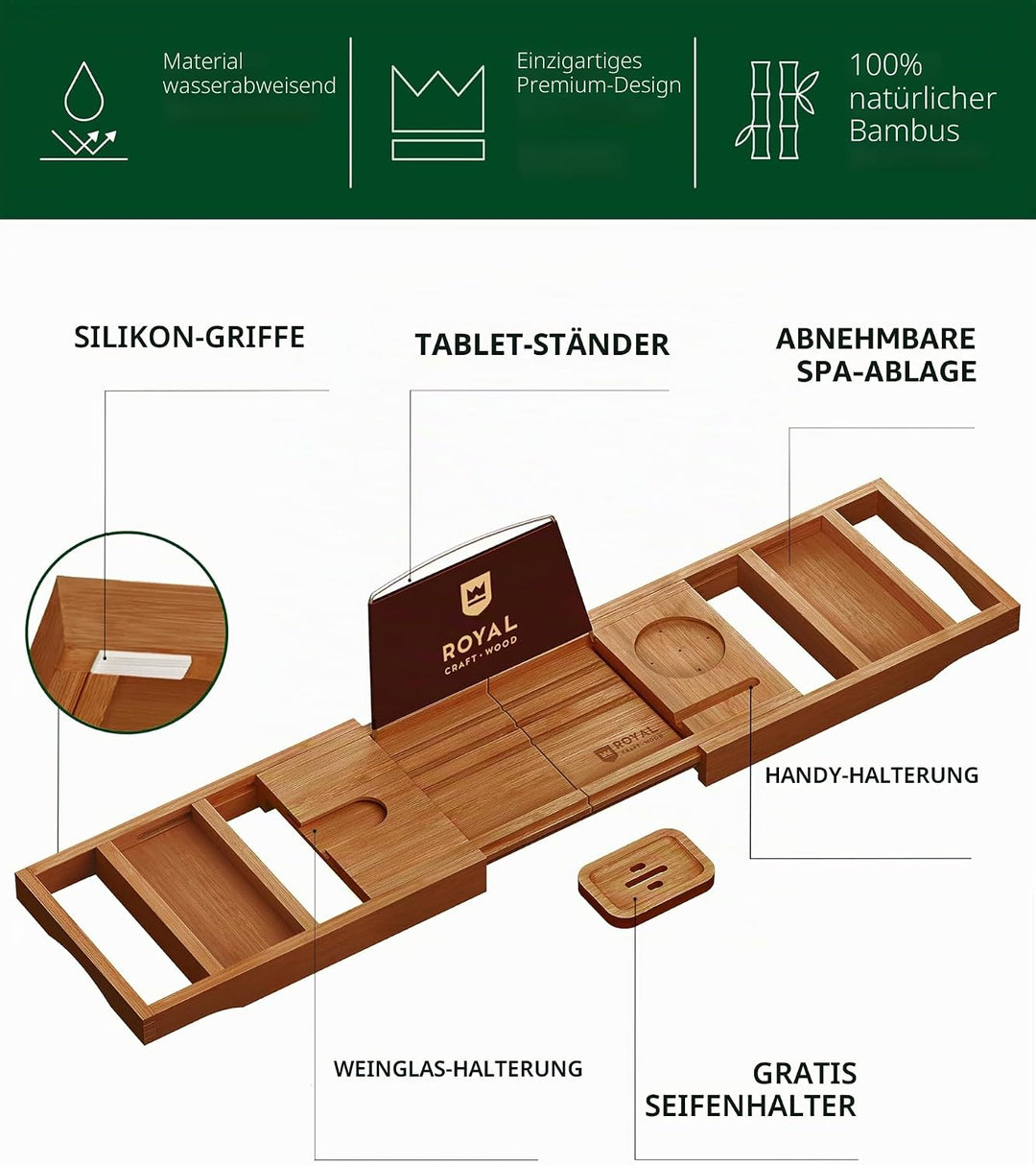 ROYAL CRAFT WOOD Badewannenablage aus Bambus, inkl. Seifenhalter, Braun, Braun