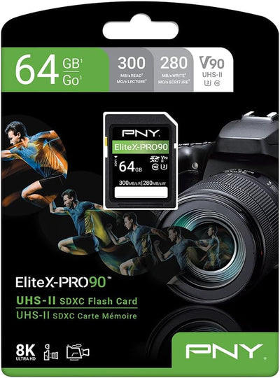 PNY 64GB X-PRO 90 Class 10 U3 V90 UHS-II SD Flash Memory Card 64GB UHS-II EliteX-PRO 90, 64GB UHS-II