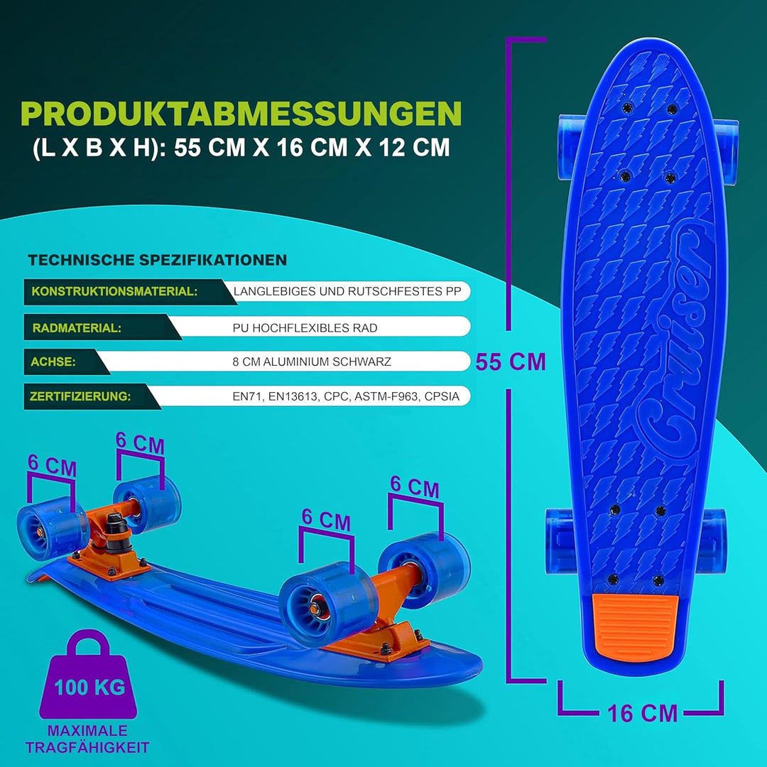 Hurtle Skateboard Kinder ab 6 Jahre, Mini Skateboard mit LED Leuchtrollen, 55cm Pennyboard mit Anti-