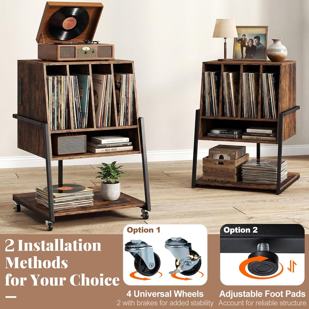 FANTASK Plattenspielerständer mit Ladestation, Vinyl Schallplattentisch mit breiter Tischplatte, 4 T