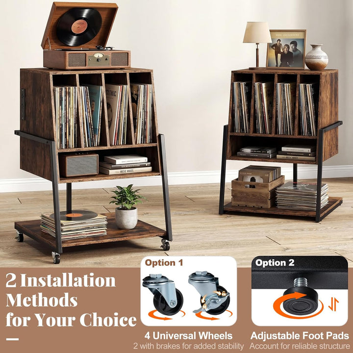 FANTASK Plattenspielerständer mit Ladestation, Vinyl Schallplattentisch mit breiter Tischplatte, 4 T