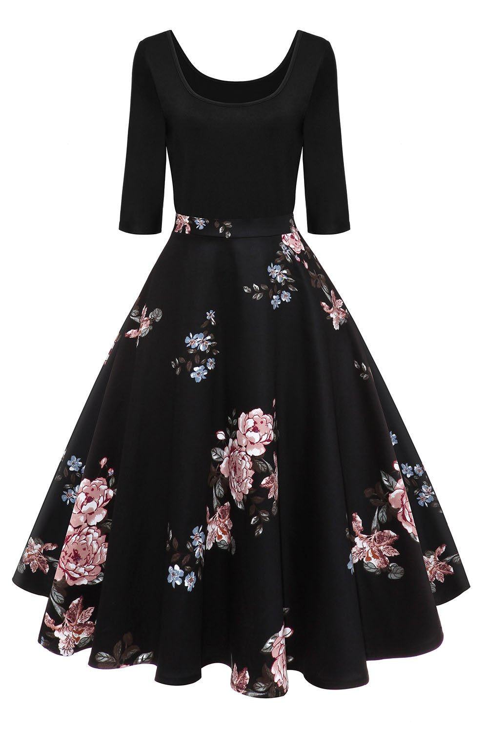 AXOE Damen A-Linie Kleid 60er Jahre Rockabilly 3/4 Ärmel Farbe 4 M, Farbe 4 M