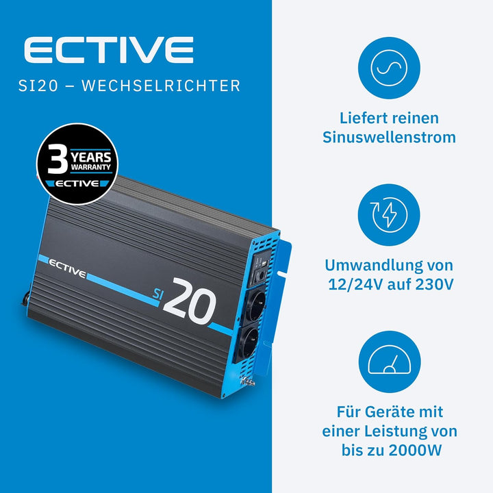 ECTIVE Reiner Sinsus Wechselrichter SI20-2000W, 12V auf 230V, USB, Überlastschutz, Überhitzungsschut