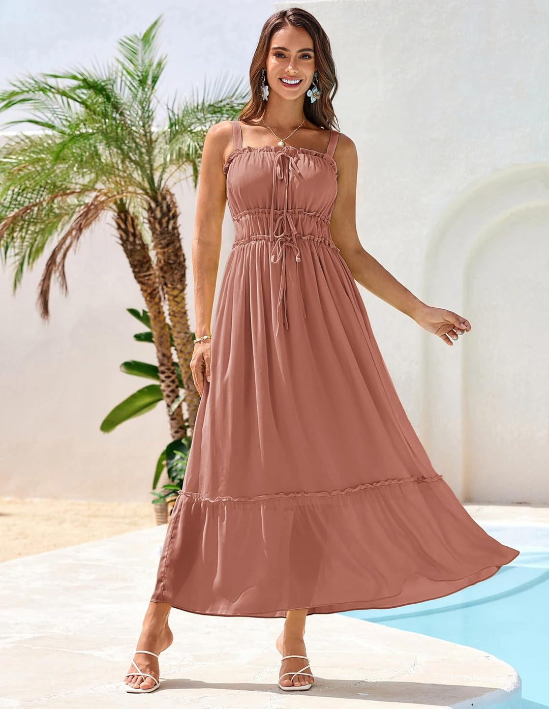 GRACE KARIN Damen Sommer Kleid Elegante Spaghettiträger A-Linie Freizeitkleid Maxi Casual Ãrmellos S