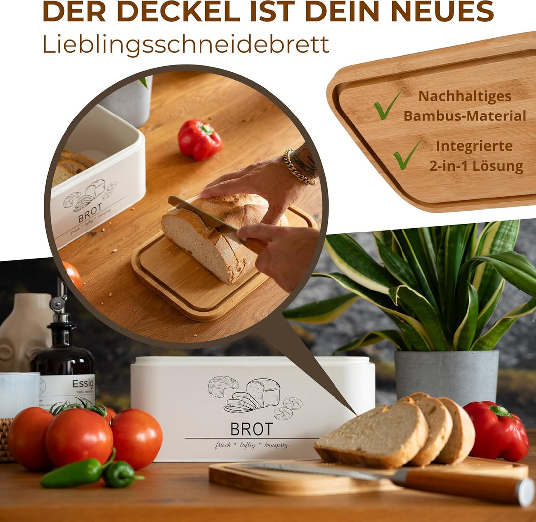 MNKsolution Brotkasten mit Deckel als Schneidebrett - Brotbox mit Lüftungslöchern für Brotaufbewahru