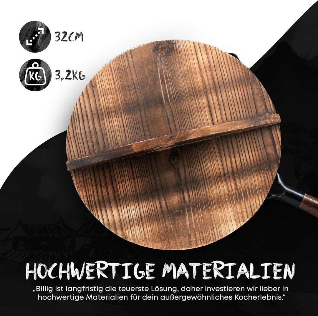 Wokpfanne + Abdeckung für jeden Herd (32 cm gross) handgehämmerte Wok Pfanne aus Karbonstahl mit Hol