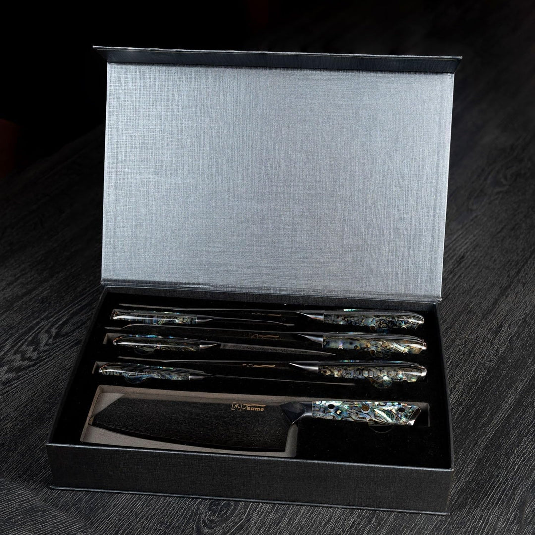 Tsume Profi Set Abalone, Messerset mit 7 Premium Küchenmessern, Echte Damast Küchenmesser mit Perlmu