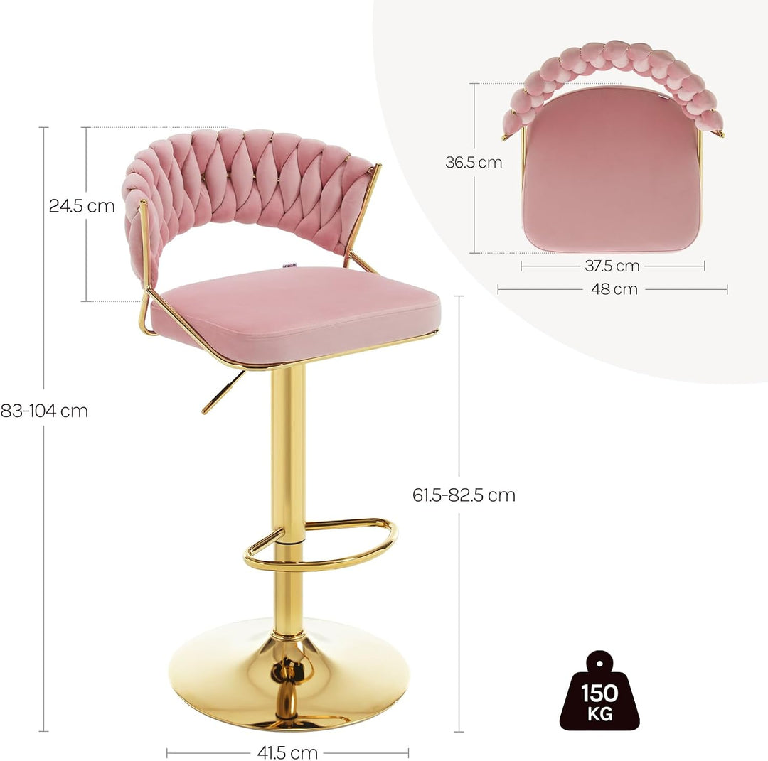 WOLTU Barhocker 2er Set, mit geflochtener Rückenlehne, Samthocker, Rosa | Barstuhl 360° drehbar, höh