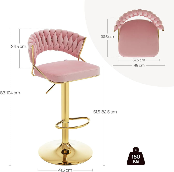 WOLTU Barhocker 2er Set, mit geflochtener Rückenlehne, Samthocker, Rosa | Barstuhl 360° drehbar, höh