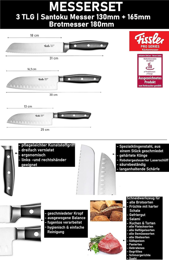Fissler PROFI Messerset 3 tlg, Santoku Messer 130mm + 165mm & Brotmesser 180mm- Hochwertig, Spezialk