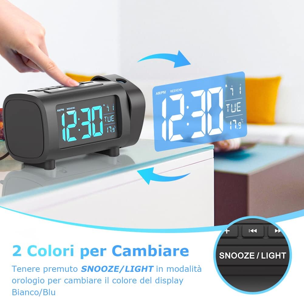 LIORQUE Projektionswecker Radiowecker Digital Wecker mit Radio Snooze Wochenendmodus Temperatur USB