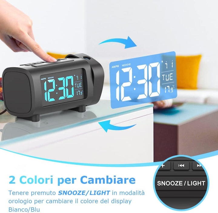 LIORQUE Projektionswecker Radiowecker Digital Wecker mit Radio Snooze Wochenendmodus Temperatur USB