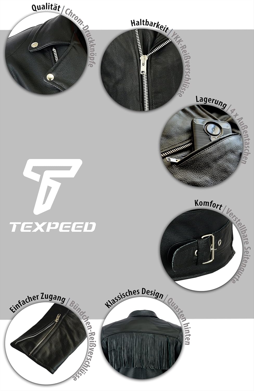 TEXPEED Marlon Brando Fransen Quasten Chopper Motorrad lederjacke herren mit protektoren - Mit Origi