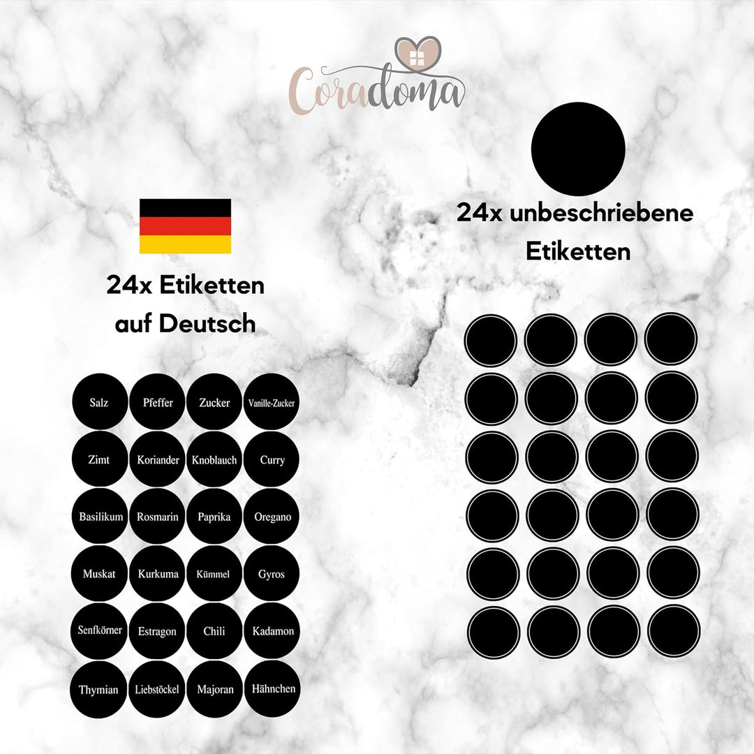 Gewürzgläser Set Eckig 24 Stück inkl. Gewürzetiketten | Organizer zur Aufbewahrung Küche - Glas mit