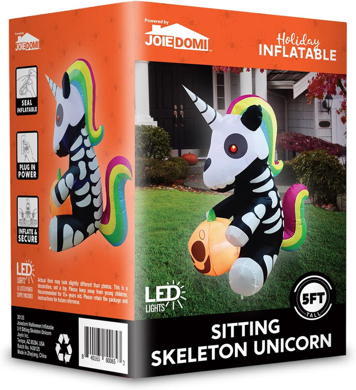 Joiedomi Aufblasbares Halloween-Skelett-Einhorn, 152 cm, aufblasbar, mit eingebauten LEDs, aufblasba