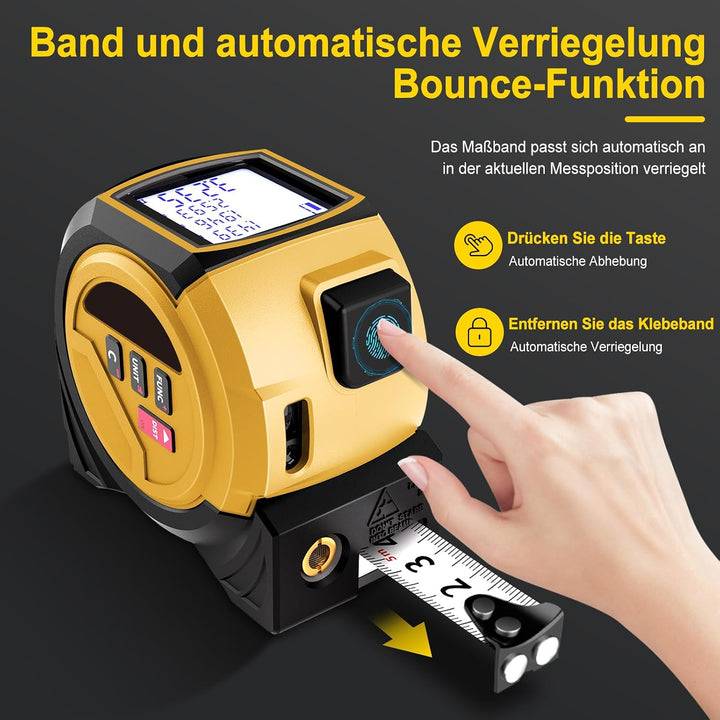 Laser Massband, 40m/60m Laser-entfernungsmesser und 5m Bandmass und Kreuzlaser, Speicher für 20 Mess