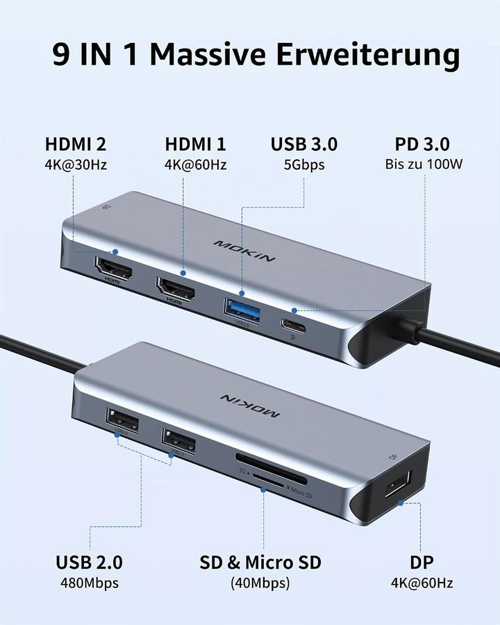 MOKiN Laptop Dockingstation, USB C Dual HDMI Adapter, 9 in 1 USB C Dual Monitor Dockingstation mit 2