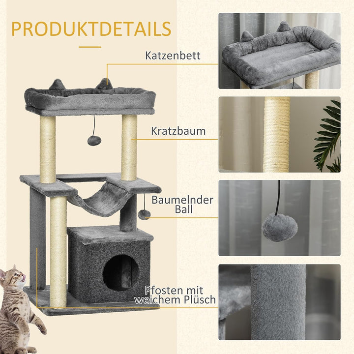 PawHut Kratzbaum 90 cm mit Hängematte für Katzen unter 4 kg Grau | Katzenturm, Höhle, 2 Plüschballen