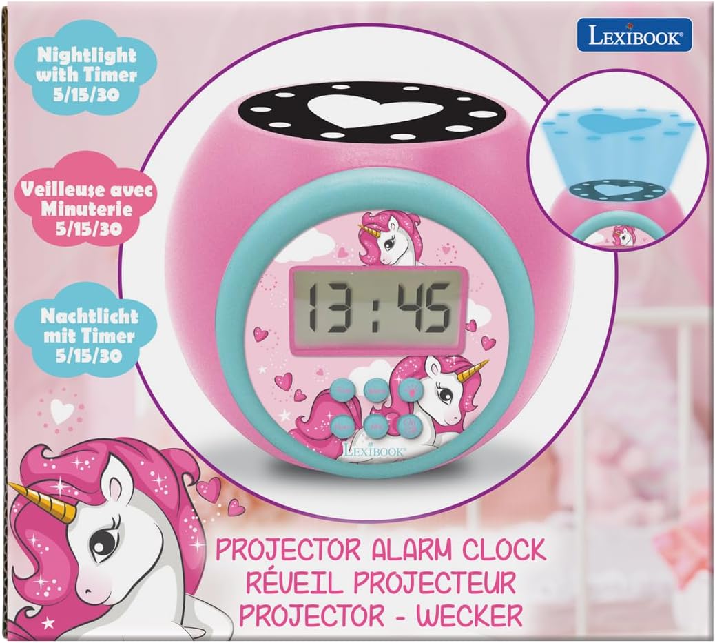 Lexibook Projector-Wecker Einhorn mit Schlummerfunktion und Weckfunktion, Nachtlicht mit Timer, LCD-