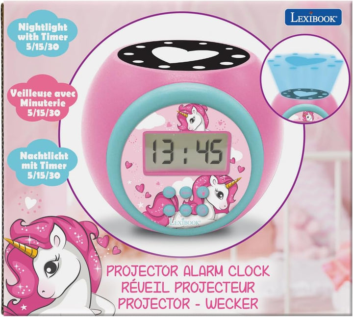 Lexibook Projector-Wecker Einhorn mit Schlummerfunktion und Weckfunktion, Nachtlicht mit Timer, LCD-