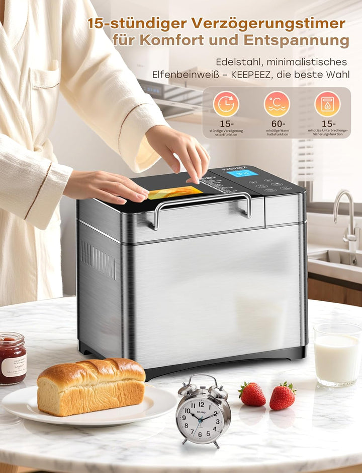 Edelstahl Brotbackautomat, 2LB 17-in-1-Brotbackautomaten mit Obst- und Nussbehälter, antihaftbeschic