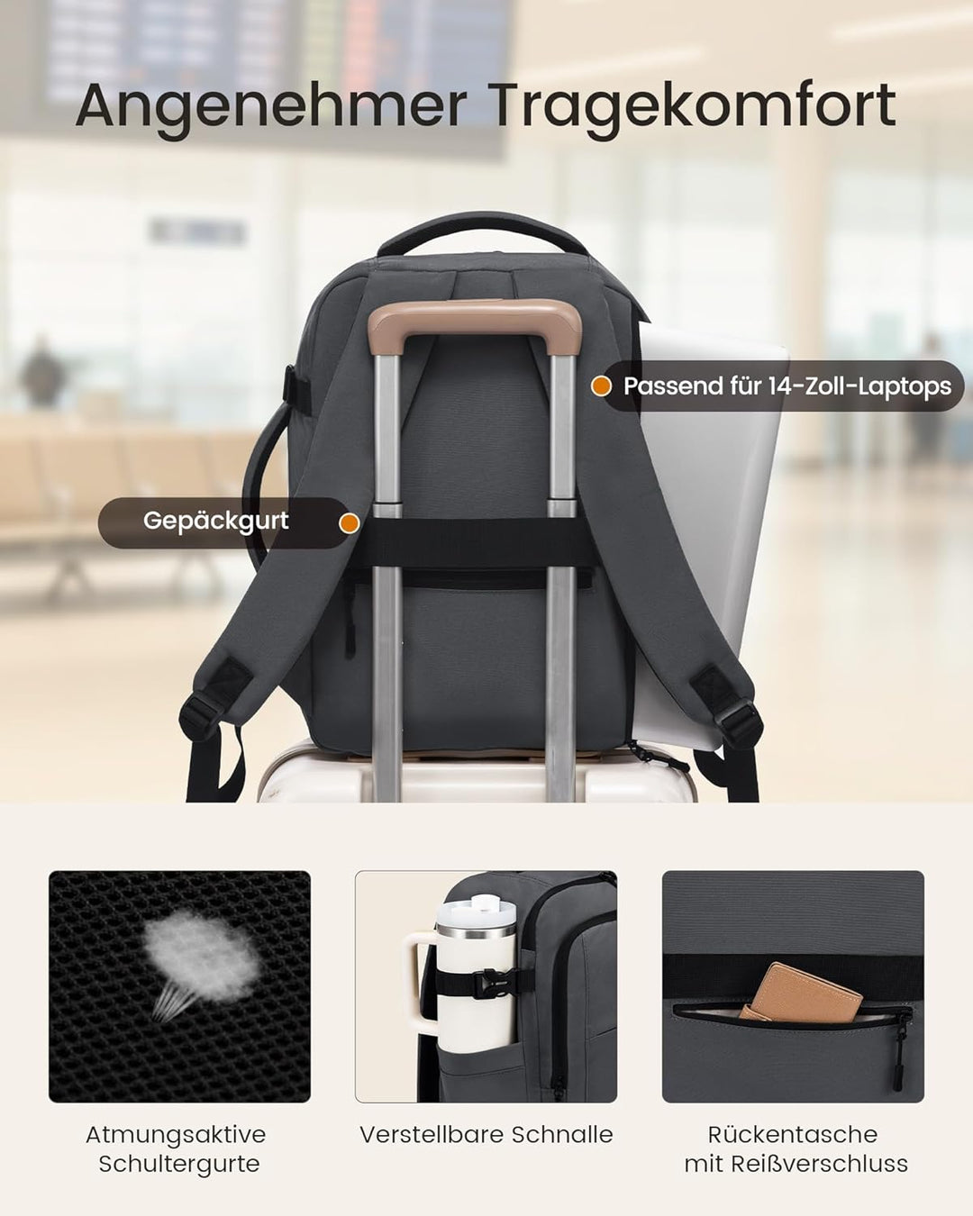 LOVEVOOK Ryanair Handgepäck 40x30x20, Rucksack Handgepäck Flugzeug Herren für 14 Zoll Laptop, 24L Kl