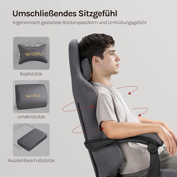 WOLTU Gaming Stuhl,Erwachsenen Computersessel,mit Gummi-Stuhlrollen,Grau | Ergonomisch, mit Verstell