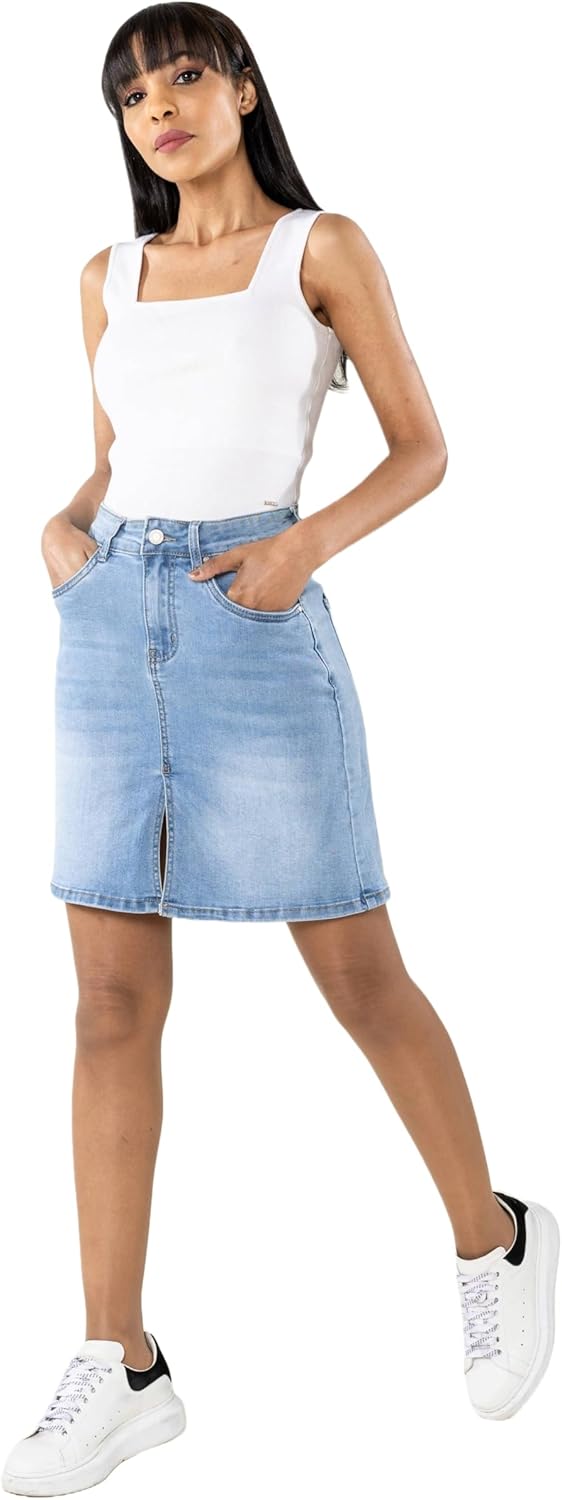 Nina Carter P213 Damen Kurzer Jeansrock mit Vorderem Schlitz Reissverschluss Stretch Used-Look Hellb