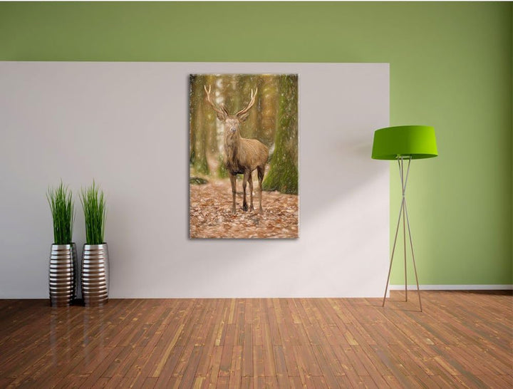 Pixxprint Schöner Hirsch im Wald als Leinwandbild/Grösse: 100x70 cm/Wandbild/Kunstdruck/fertig bespa