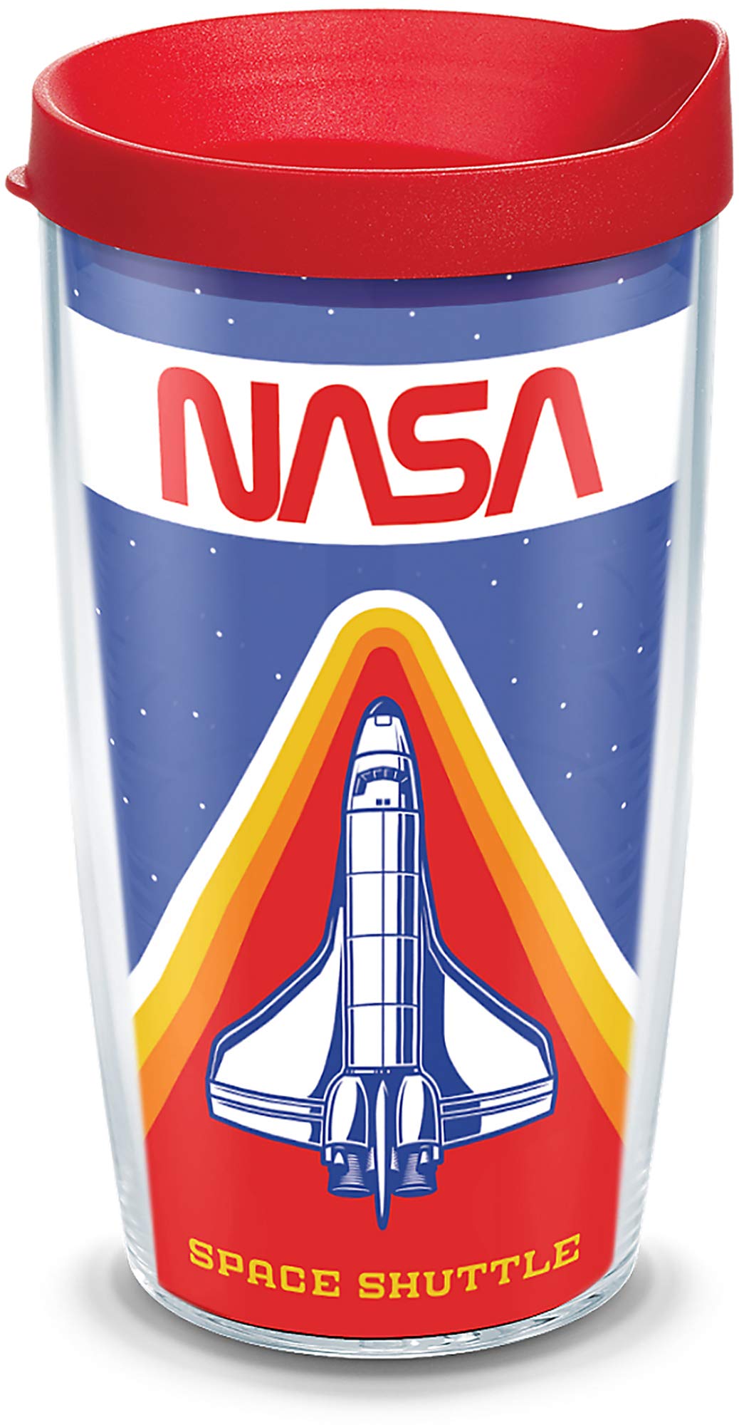 Tervis 1352668 NASA - Retro Badge Thermobecher mit Wickelverschluss und rotem Deckel, Titan, durchsi