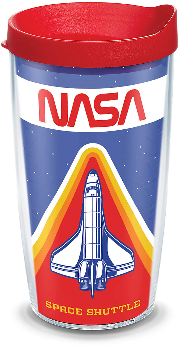 Tervis 1352668 NASA - Retro Badge Thermobecher mit Wickelverschluss und rotem Deckel, Titan, durchsi