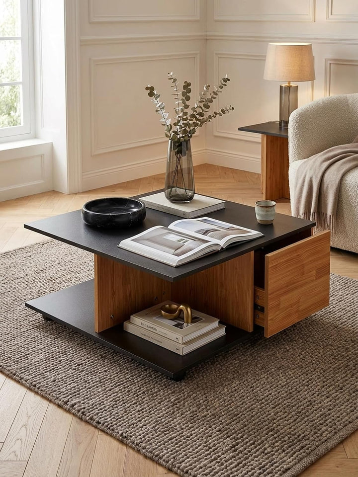 KADIMA DESIGN Couchtisch RAPIDO: 70x70x36,5 cm, 2 Schubladen, Rollen, Melaminharzbeschichtung, Weiss