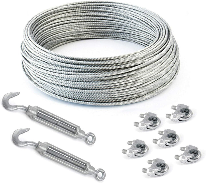 50m DRAHTSEIL SET 3mm 6x7+FC + 6 x SEILKLEMMEN 3mm DIN 741 + 2 x SPANNSCHLOSS M5 HAKEN - ÖSE verzink