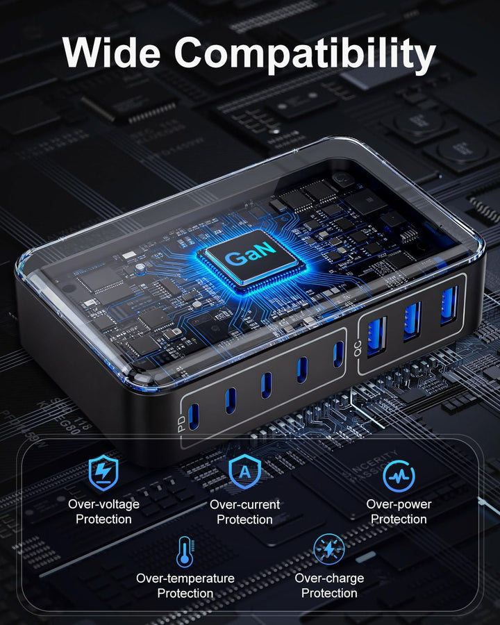 USB C Ladegerät, 300W 8-in-1 USB C Netzteil Schnellladegerät mit, Multi Charging Station Adapter Sch