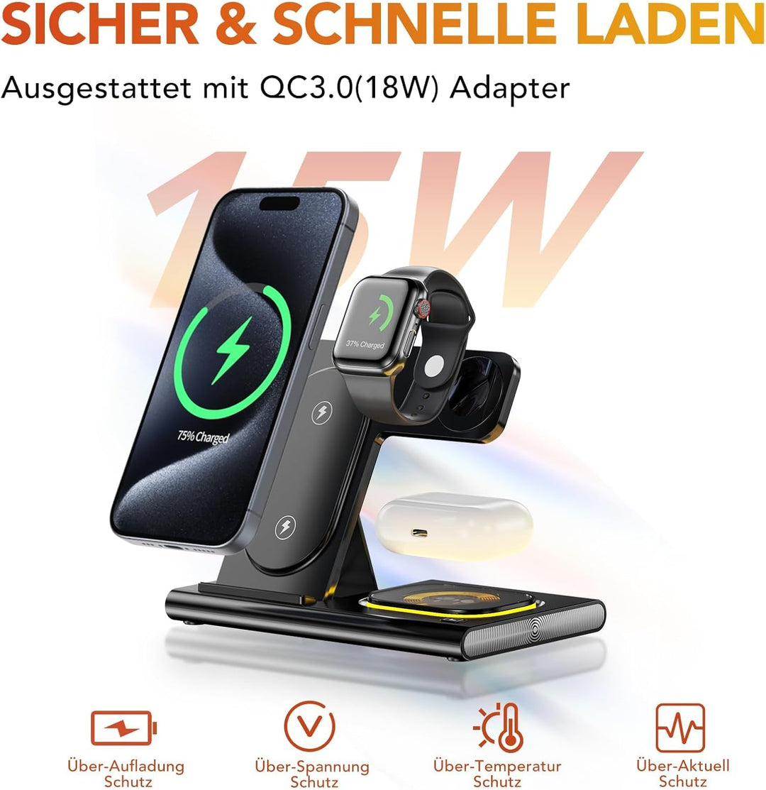 Aimtel 3 in 1 Induktive Ladestation Faltbare&Nachtlichter Kompatibel mit iPhone 17/17 Pro/17 Pro Max
