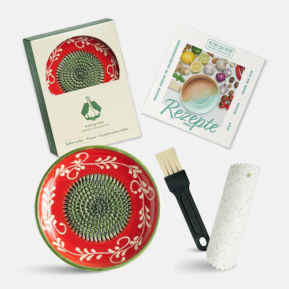 Evergrate® Keramikreibe Fernando mit Geschenkbox – mit Reibe, Knoblauchschäler, Rezeptheft & Pinsel