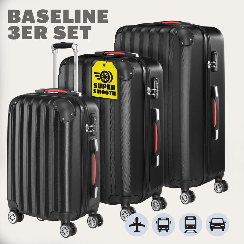 Monzana® 3tlg. Kofferset Baseline | M-L-XL | Gel-Griffe | Kantenschutz | Schloss | Trolley Hartschal