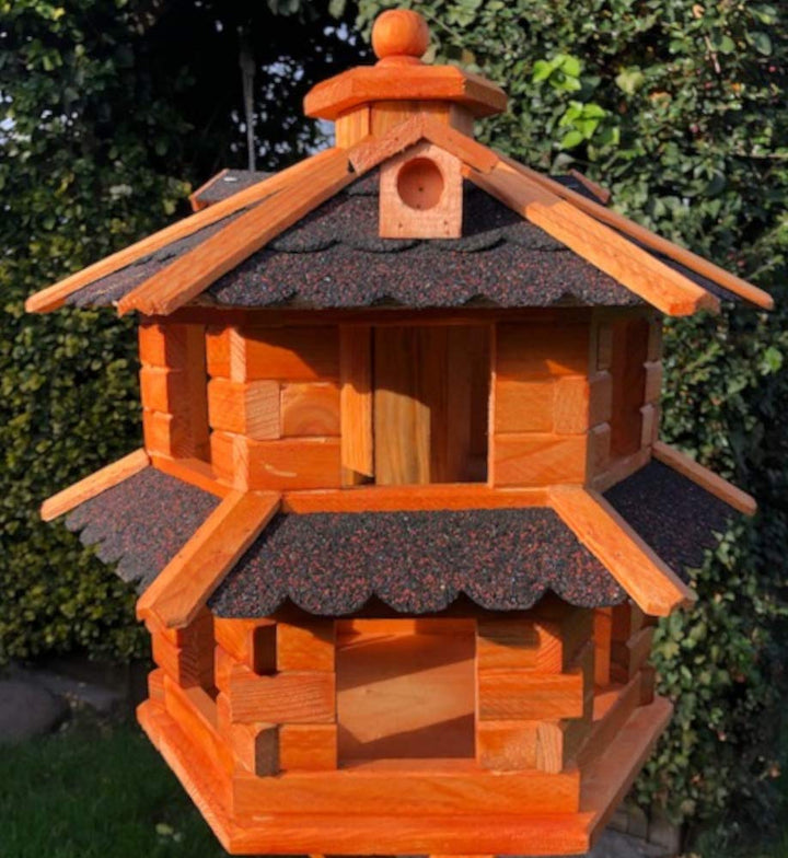 Vogelvilla wetterfest von L bis XL Futterhaus Vogelhaus mit oder ohne Ständer in Braun mit Rot, Grün
