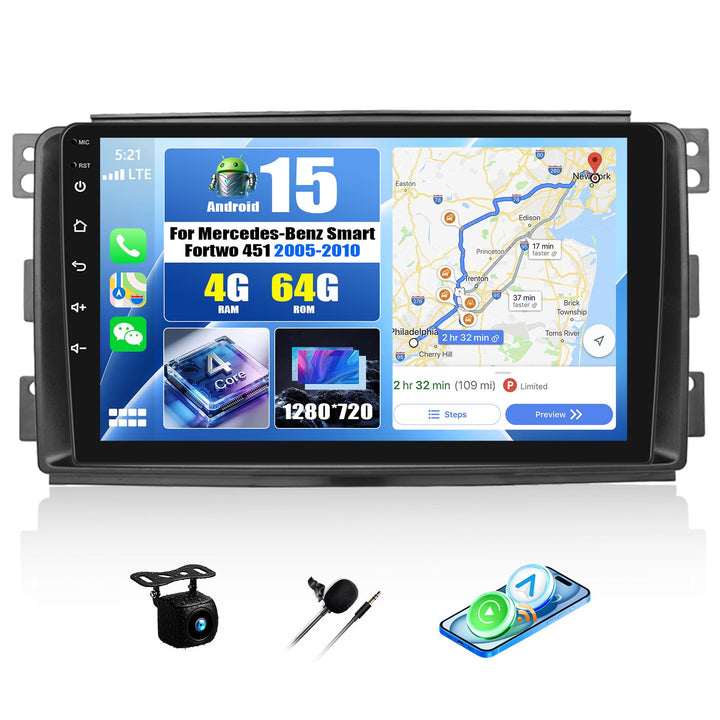 CAMECHO 4G+64G Android 15 Wireless Carplay Autoradio für Mercedes-Benz Smart Fortwo 451 2005-2010 mi
