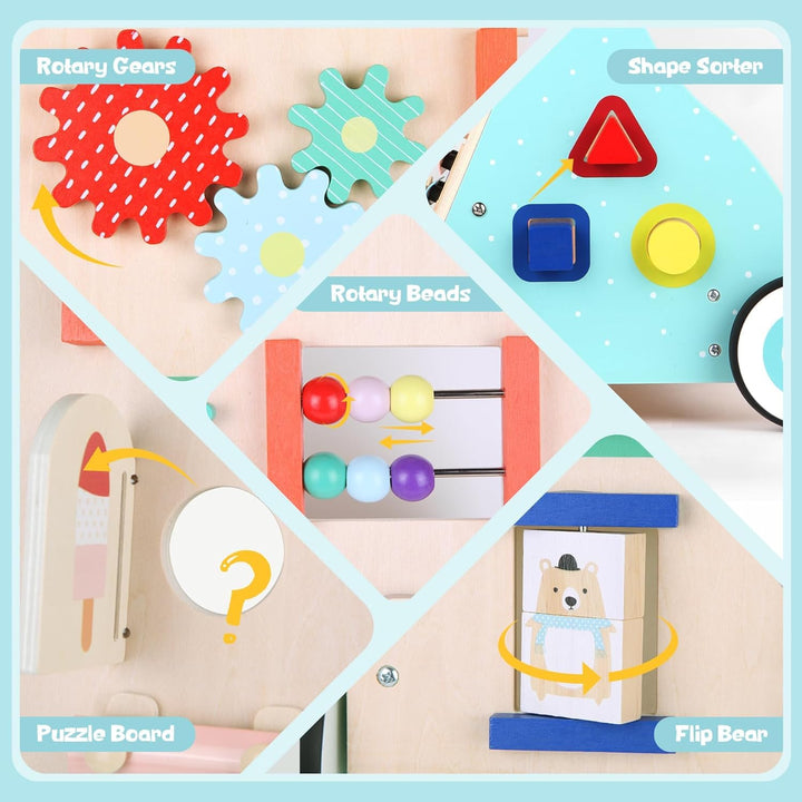 Asweets Lauflernwagen Baby, Montessori Holzspielzeug Baby Walker mit Spiegel und Activity Center, Mu