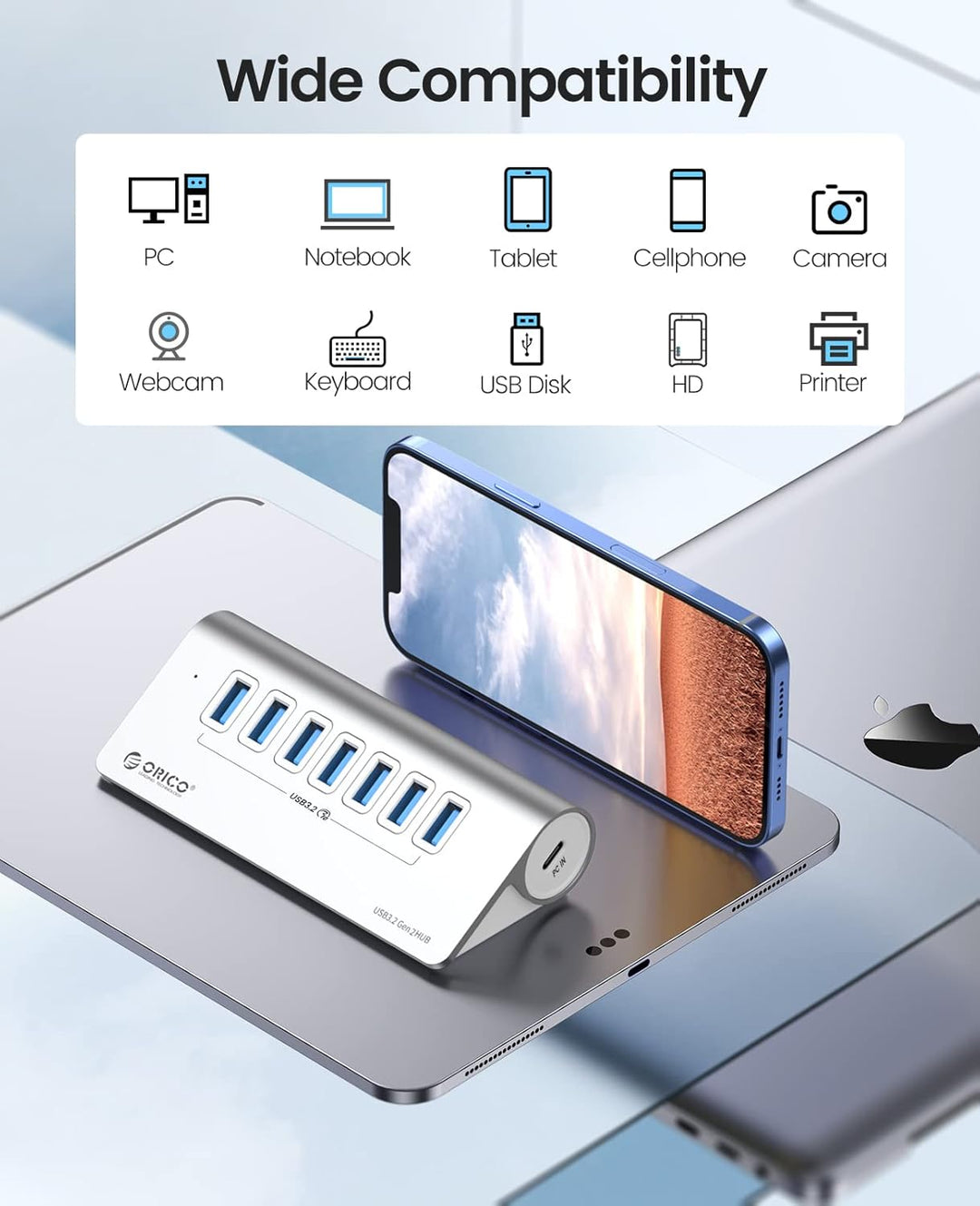 USB C Hub, ORICO USB 3.2 Gen 2 Hub, USB Verteiler 7 Port mit 10Gbps High Speed Datenübertragung, Alu