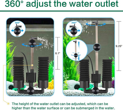 AQQA Aquarium Schwammfilter,3/5W Elektrischer Aquarium Filter,Leiser Tauchschaum Doppelschwammfilter