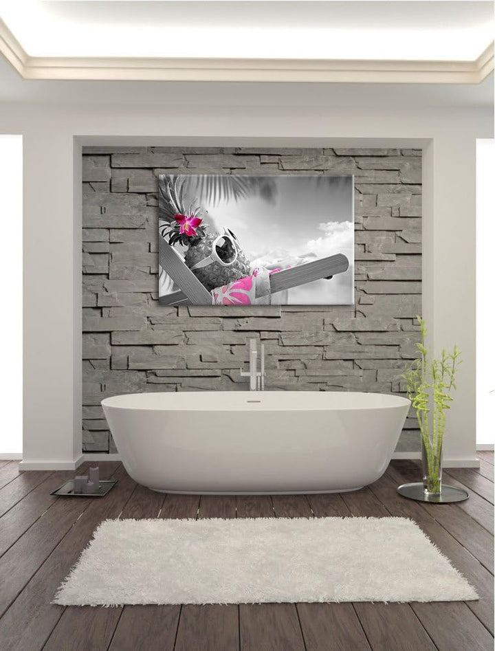 Ananas im Urlaub schwarz/weiss Format: 100x70 auf Leinwand, XXL riesige Bilder fertig gerahmt mit Ke
